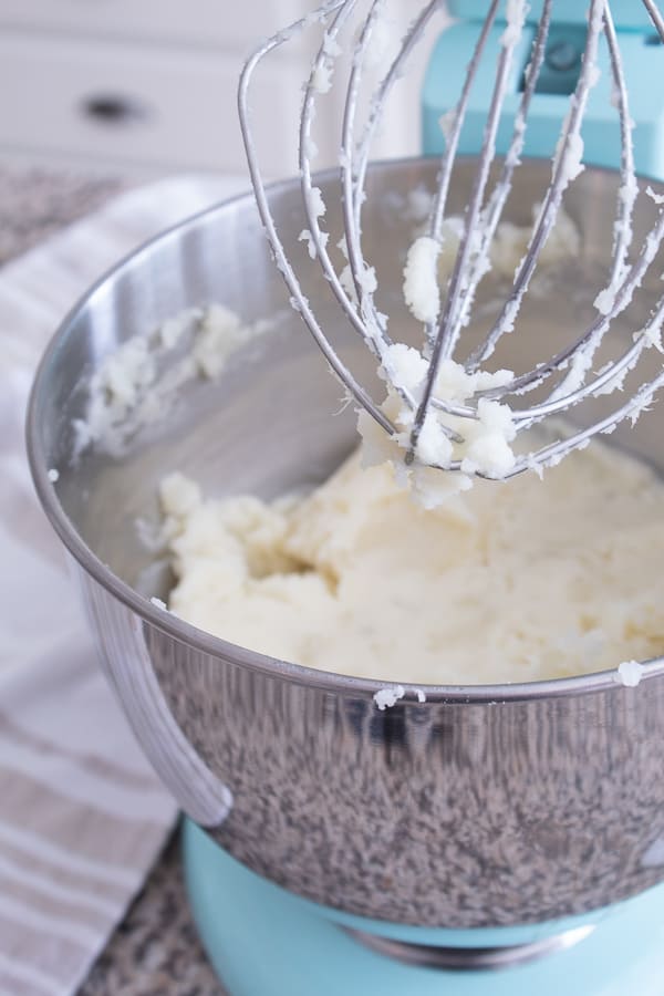 kitchenmaid stand mixer filled with cooked potatoes