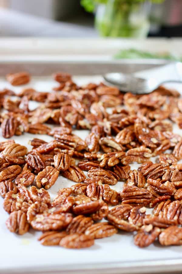 Honey Roasted pecans on a baking sheet