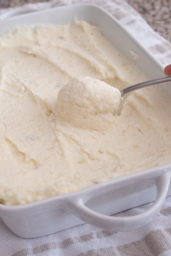 whipped potatoes in a white casserole dish