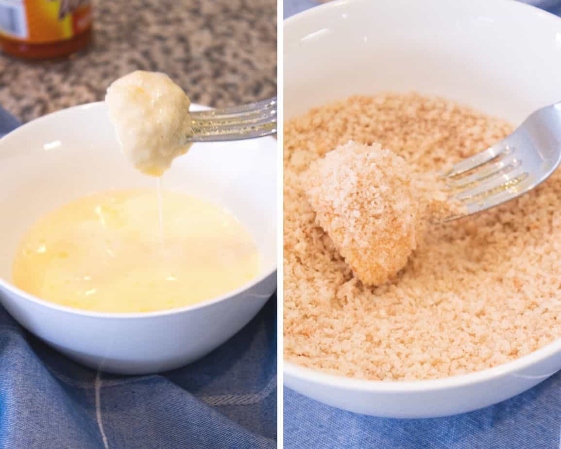 Side by side picture of dipping cauliflower in egg wash and panko crumbs 