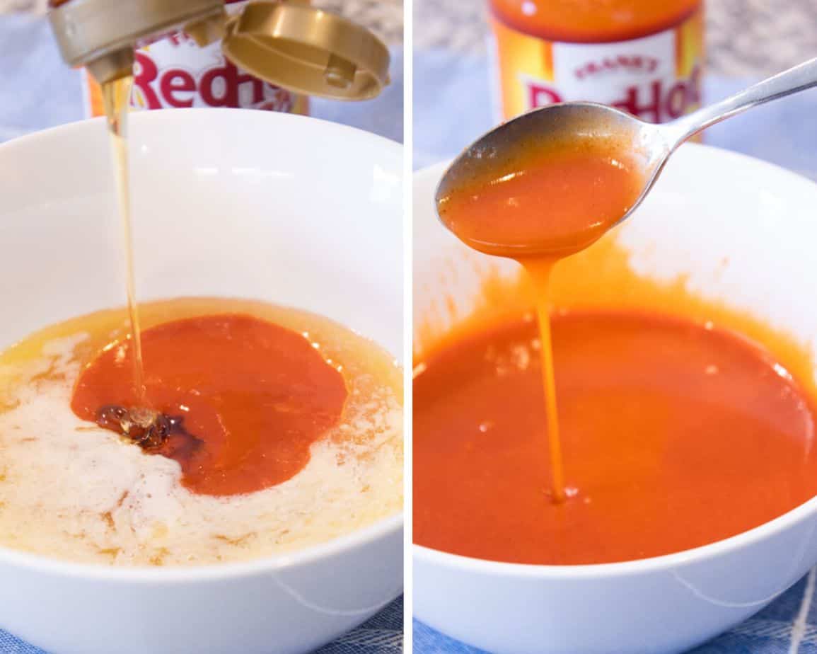 combining butter honey and buffalo sauce in a white bowl 