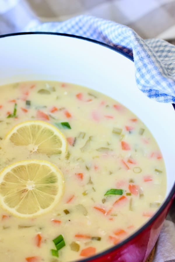 lemon chicken soup in red pot