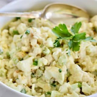 Cauliflower Potato Salad salad in a white bowl