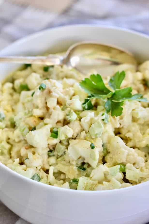 Cauliflower Potato Salad salad in a white bowl