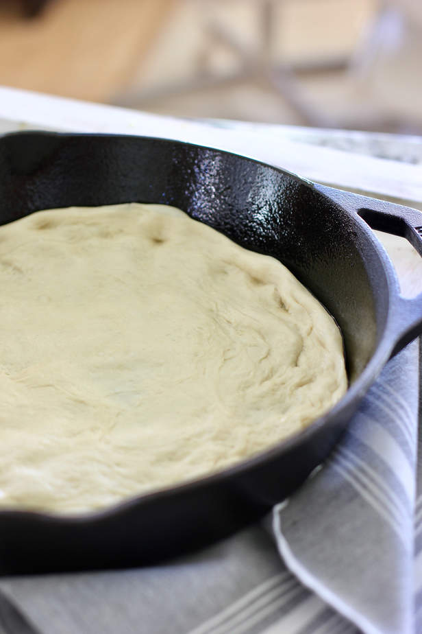 easy pizza dough in cast iron skillet