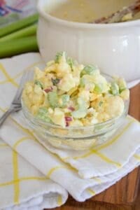 close up shot of cauliflower salad in a clear bowl