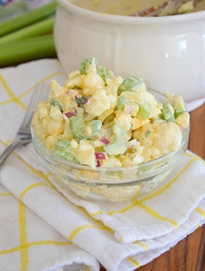 close up shot of cauliflower salad in a clear bowl