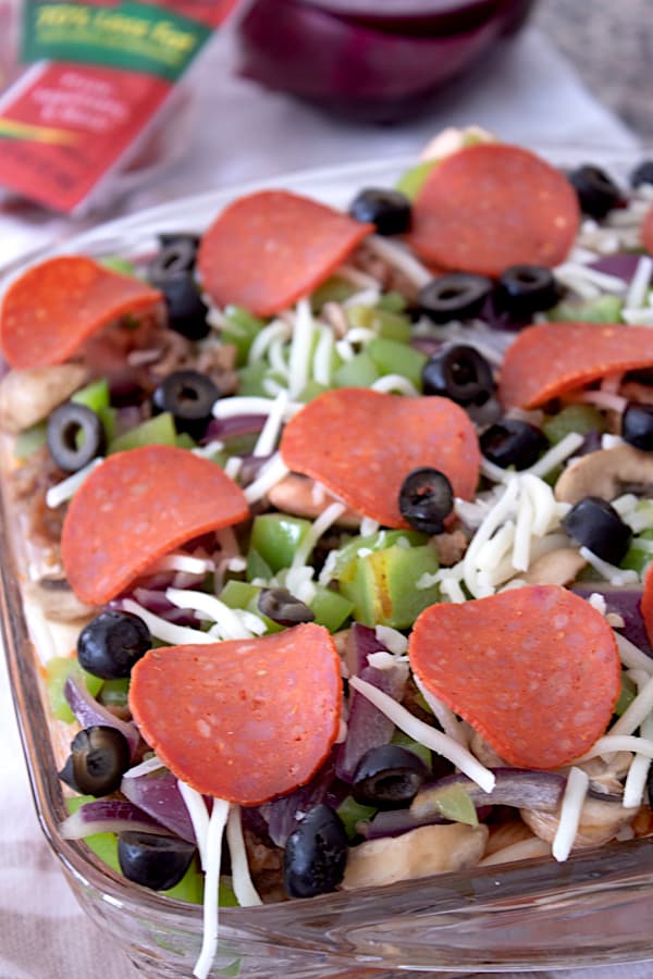 uncooked pizza casserole before baking