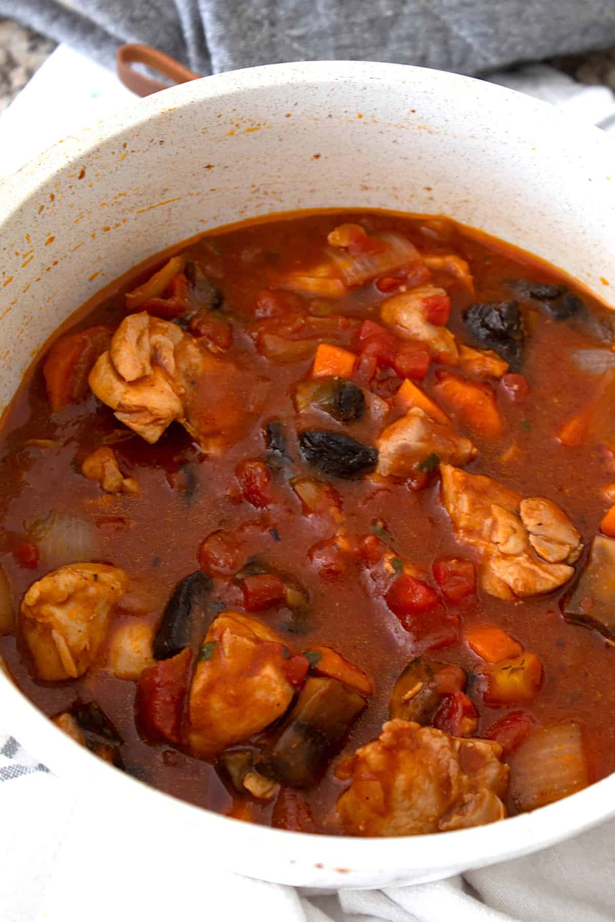 overhead view of chicken stew in pot