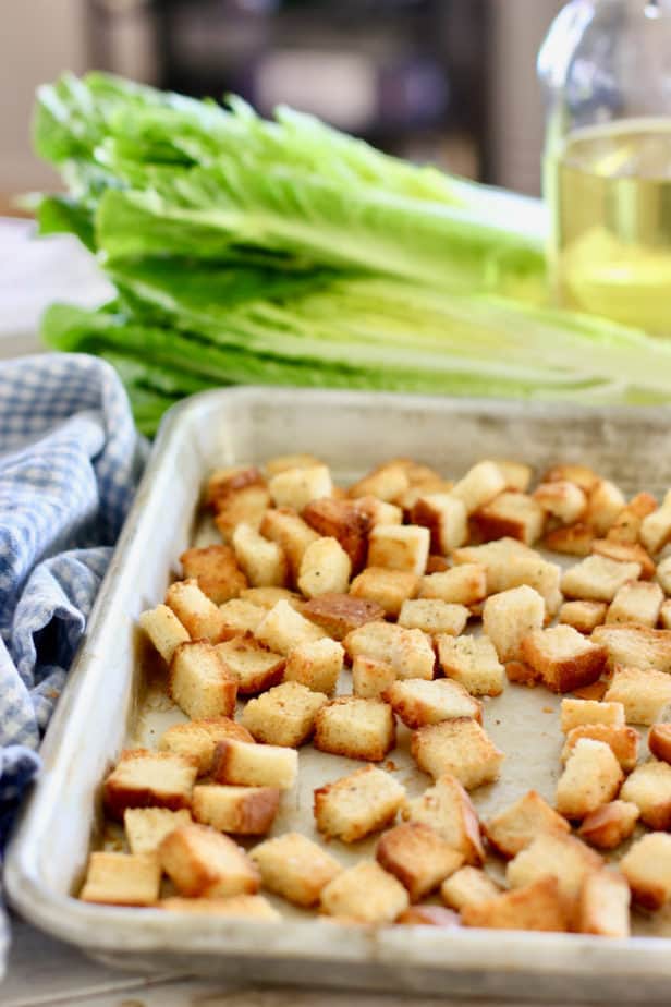 homemade croutons on a sheet pan