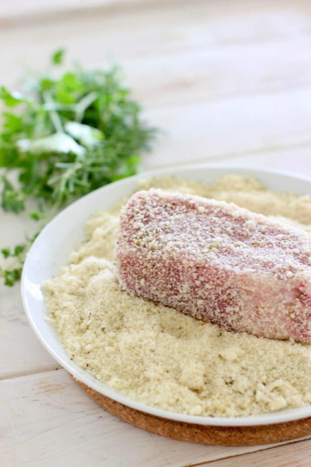 dredge pork in a one to one ratio of parmesan and pork chops