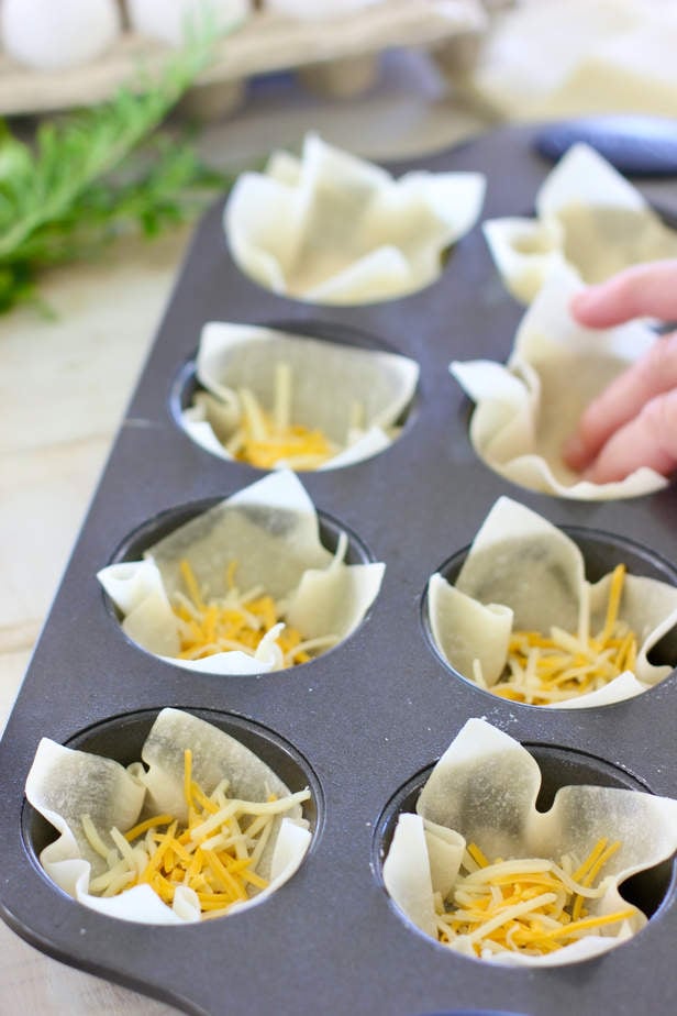 wonton wrappers into a muffin tin