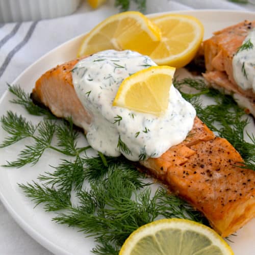 Baked Salmon with Lemon Dill Sauce - Laughing Spatula