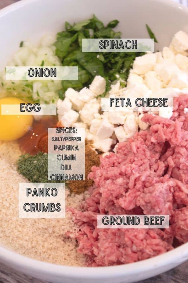 greek meatball ingredients in a white bowl with text overlay