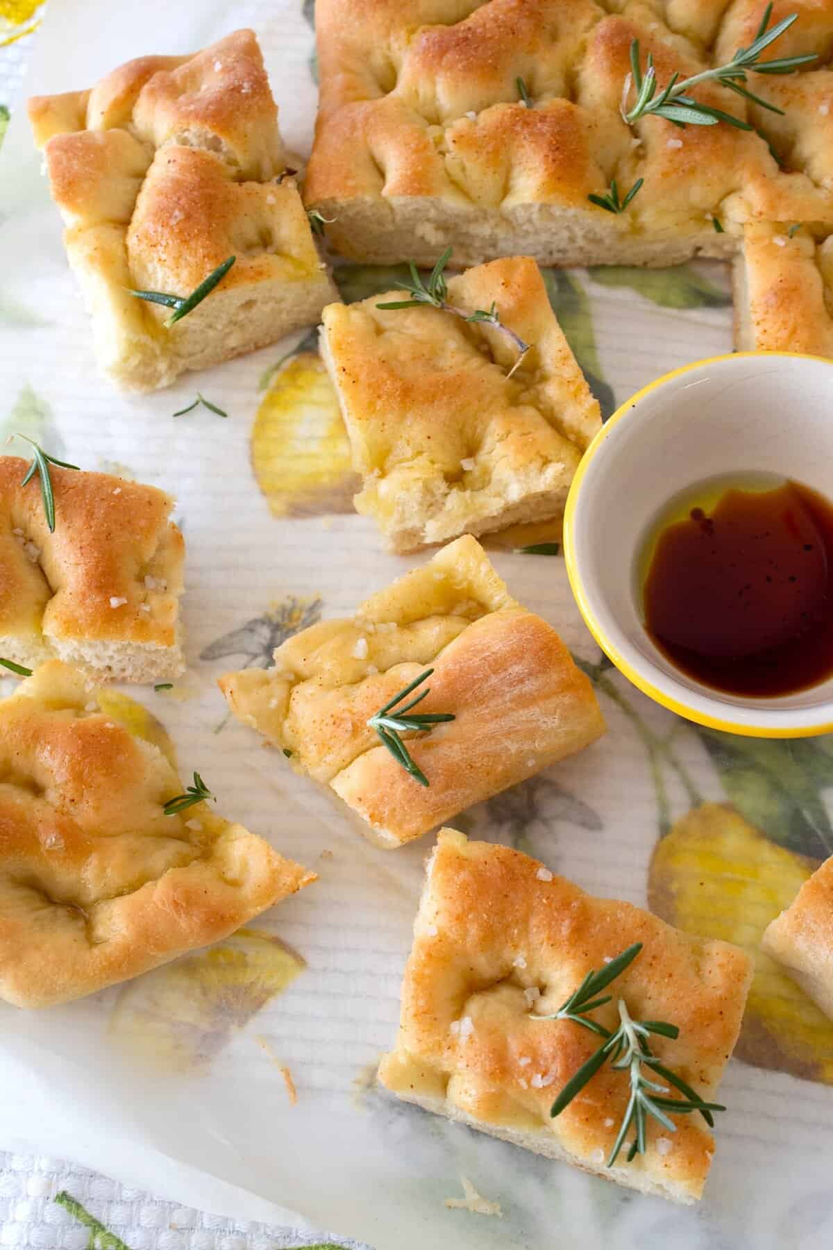 overhead view of focaccia bread