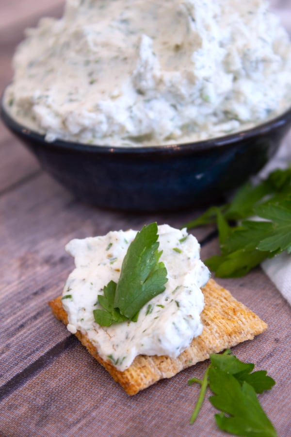 homemade Boursin cheese with triscit cracker