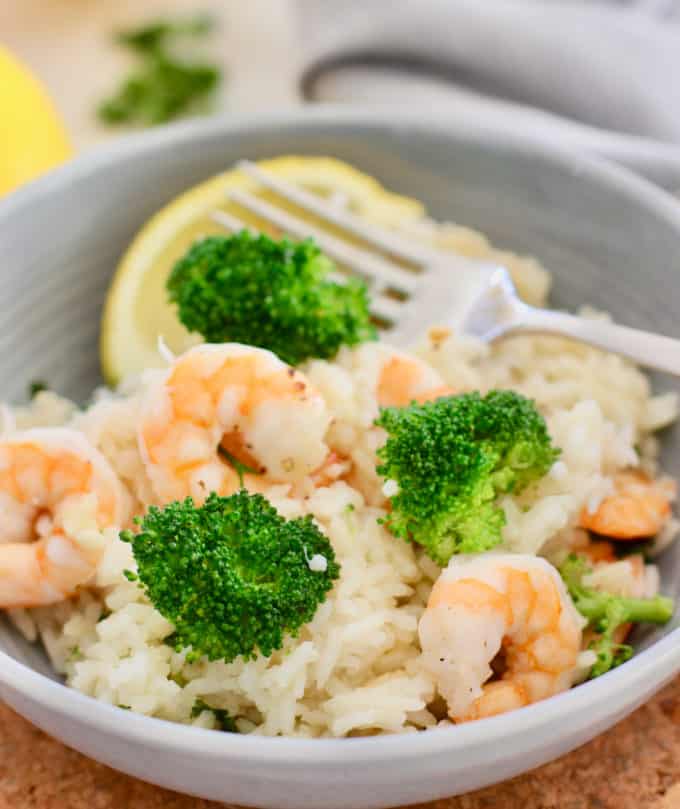 gray bowl with shrimp and rice