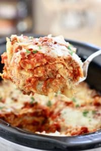 Slow cooker lasagna sliced up and ready to serve