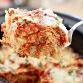 Slow cooker lasagna sliced up and ready to serve
