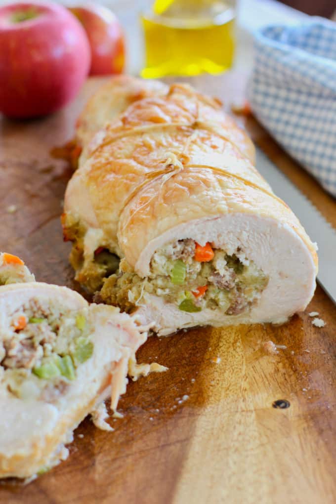 Turkey Roulade sliced on cutting board