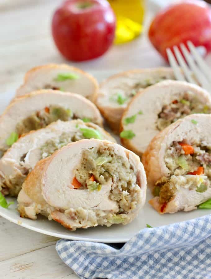 sliced turkey and stuffing on a white plate