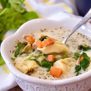 white bowl tortellini soup