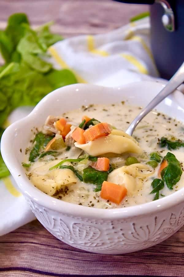 white bowl tortellini soup