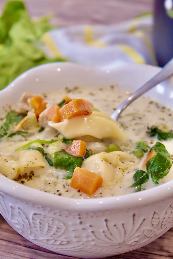 Picture of tortellini soup in white bowl