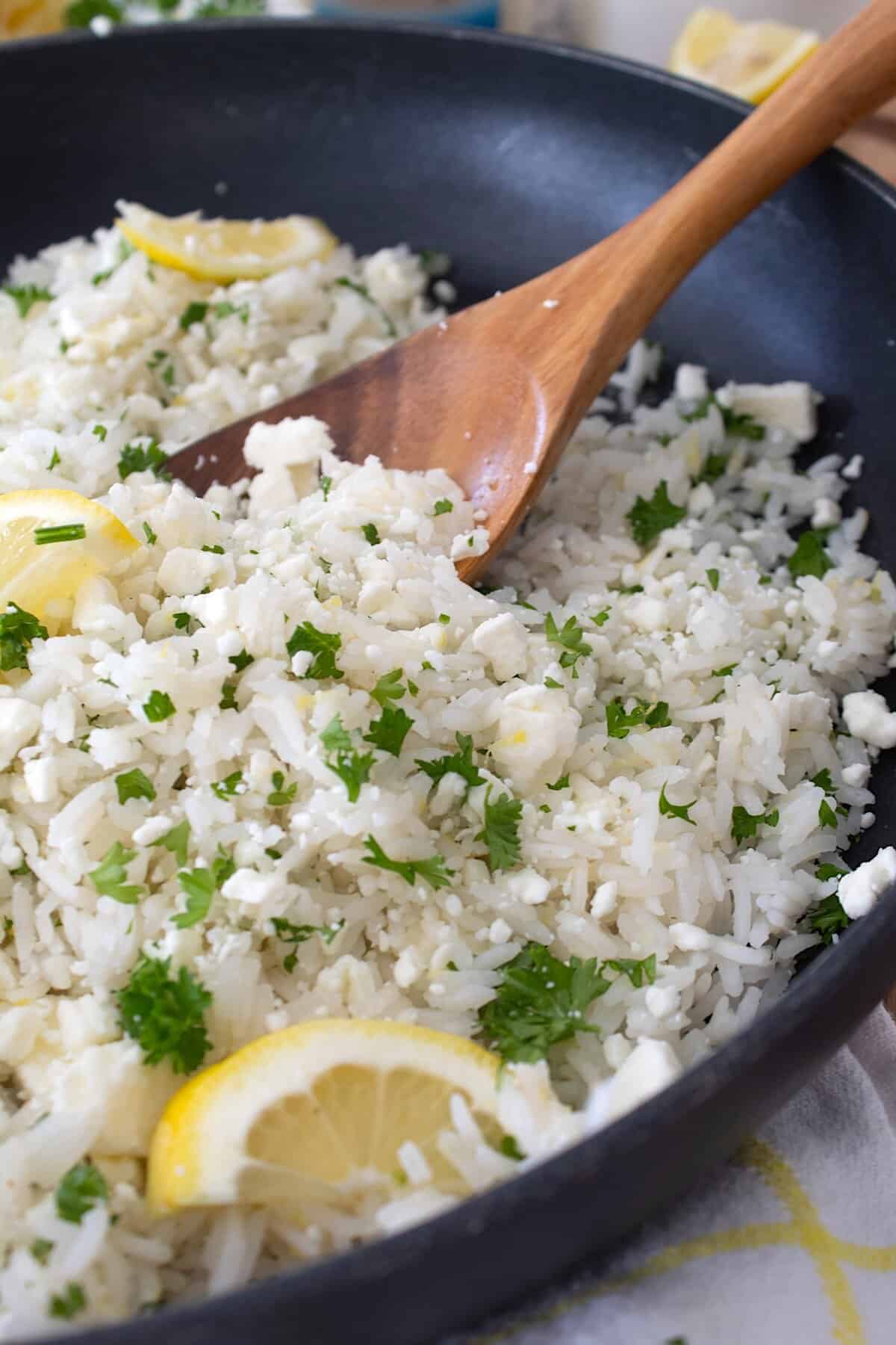 side view of greek rice skillet
