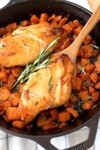 overhead view of chicken and sweet potatoes