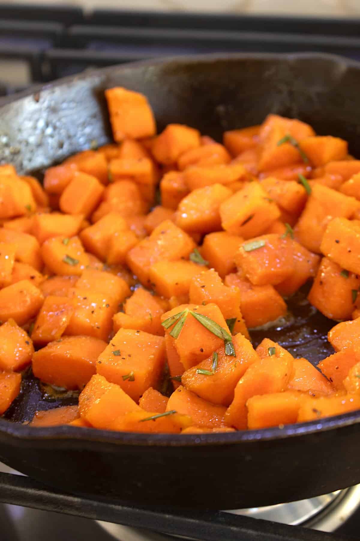 sweet potatoes in a cast iron pan
