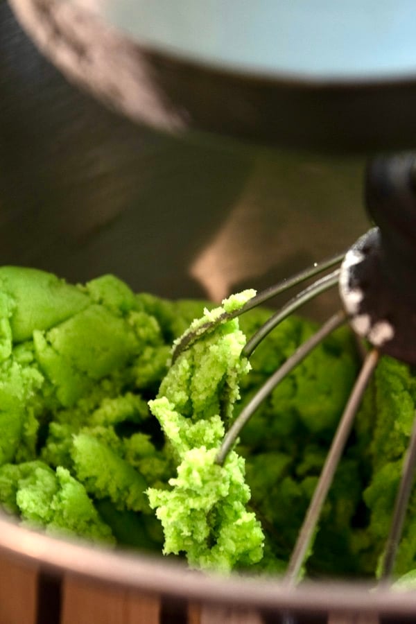 green dough in stand mixer
