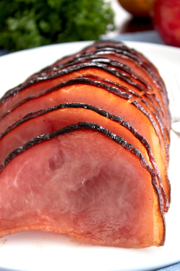 front view of honey baked ham on platter