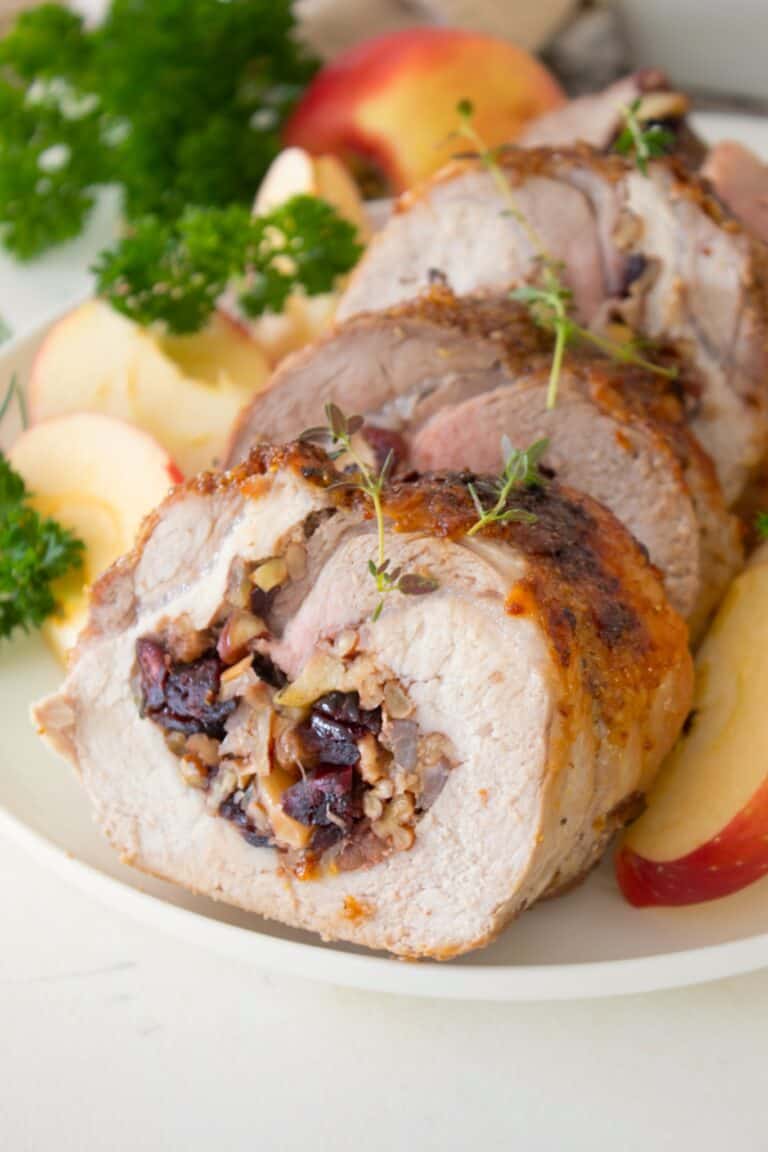 Stuffed Pork Loin with Apples, Cranberries and Pecans - Laughing Spatula