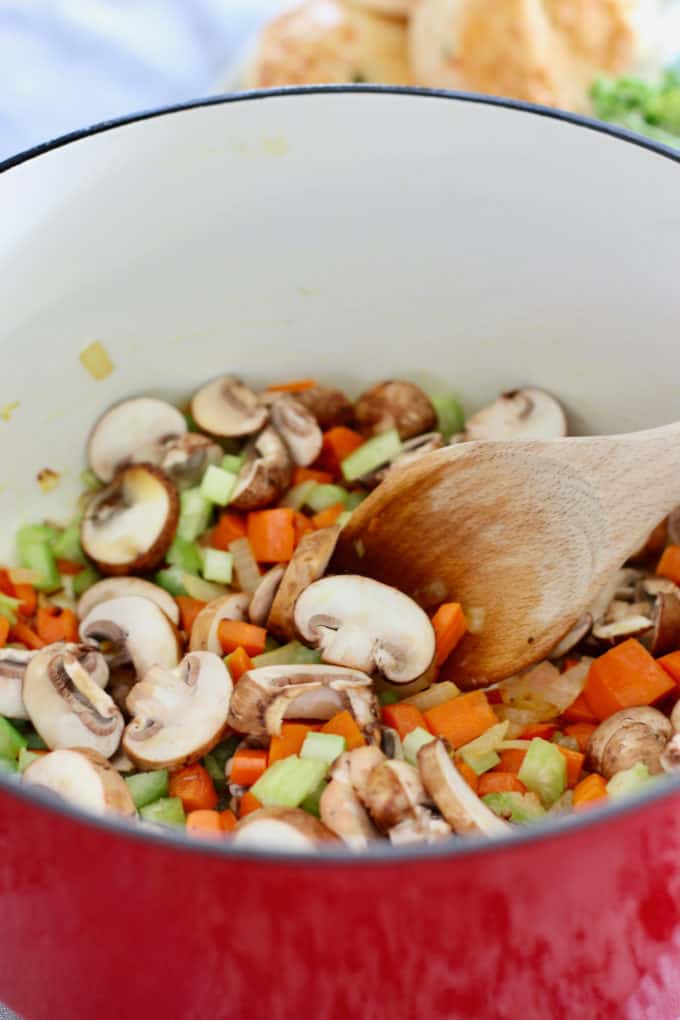 carrots onion celery and mushrooms in big red pot