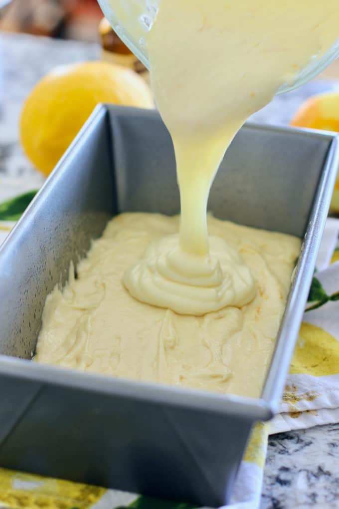 pour lemon batter into prepared loaf pan