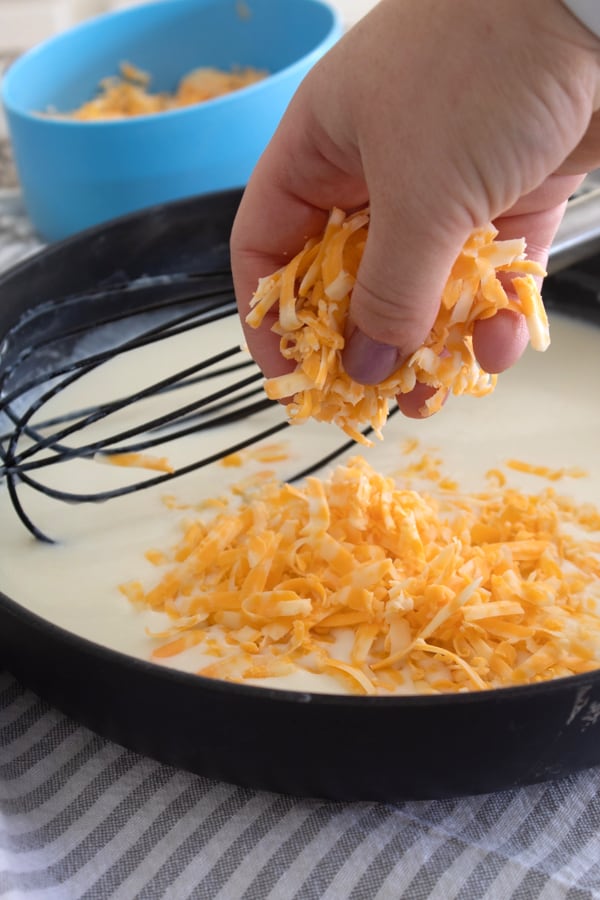 adding shredded cheddar cheese to cheese sauce