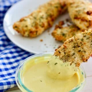 air fryer chicken tenders dipped in yogurt mustard sauce