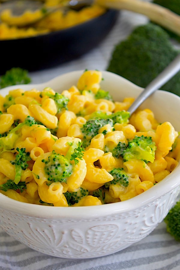 Mac and Cheese with Broccoli in a white bowl