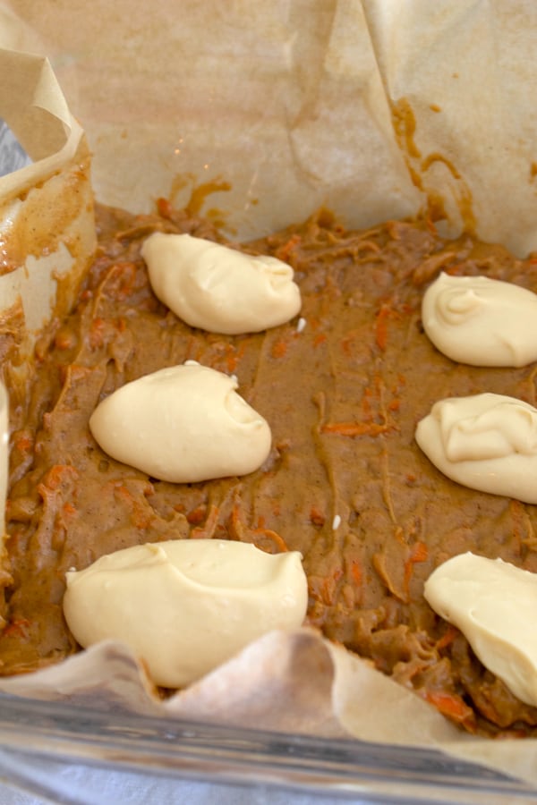 Add cream cheese to carrot cake batter.