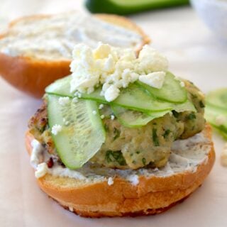 spinach feta burger with cucumber strips and feta cheese