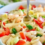 veggies and pasta in a pan