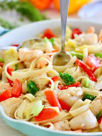veggies and pasta in a pan