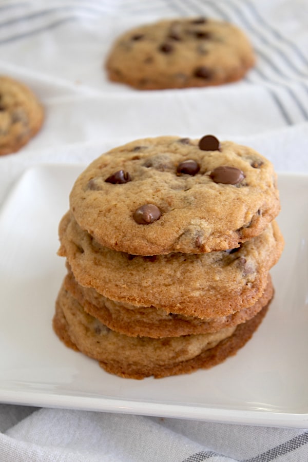 stack of chocolate chip cookies on a plate