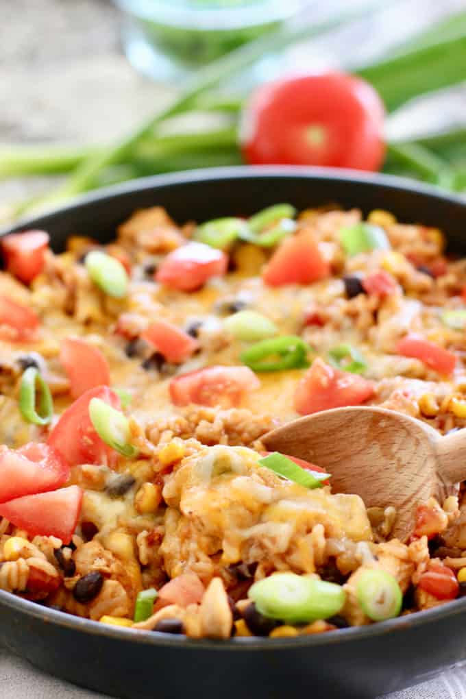 Mexican Chicken and Rice ready to serve out of a pan