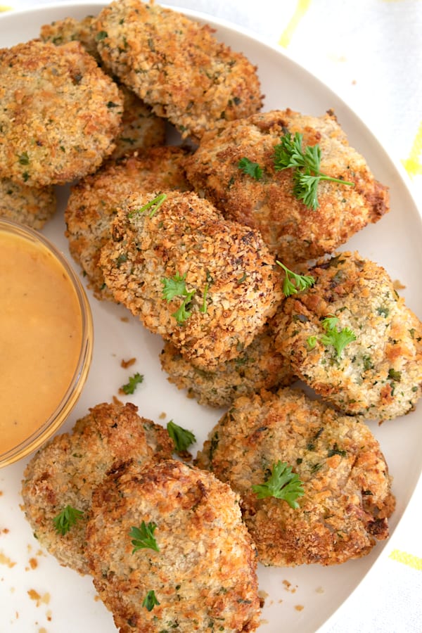 overhead shot of air fryer chicken nuggets