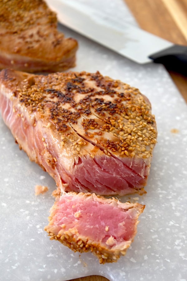 slicing Ahi Tuna steak