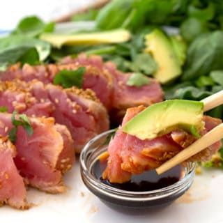 serving seared ahi tuna with avocado and soy sauce