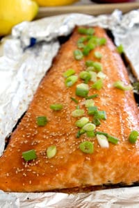 miso glazed salmon on a foil lined sheet pan