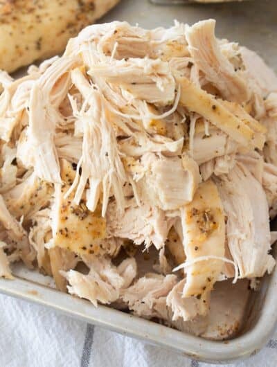 shredded chicken on a sheet pan